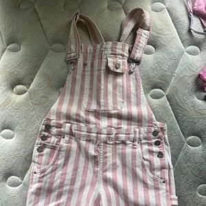 Pink and white striped overalls